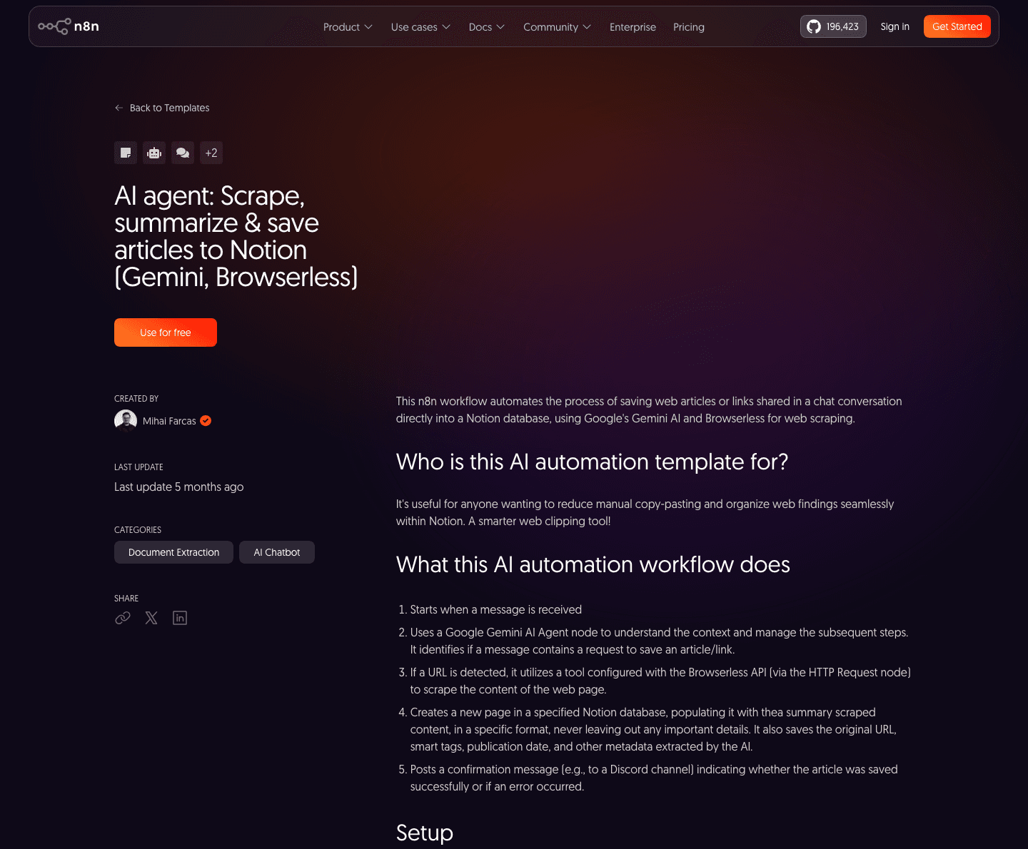 One n8n template page: created by Mihai Farcas, last updated 5 months ago, a numbered walkthrough of what the workflow does