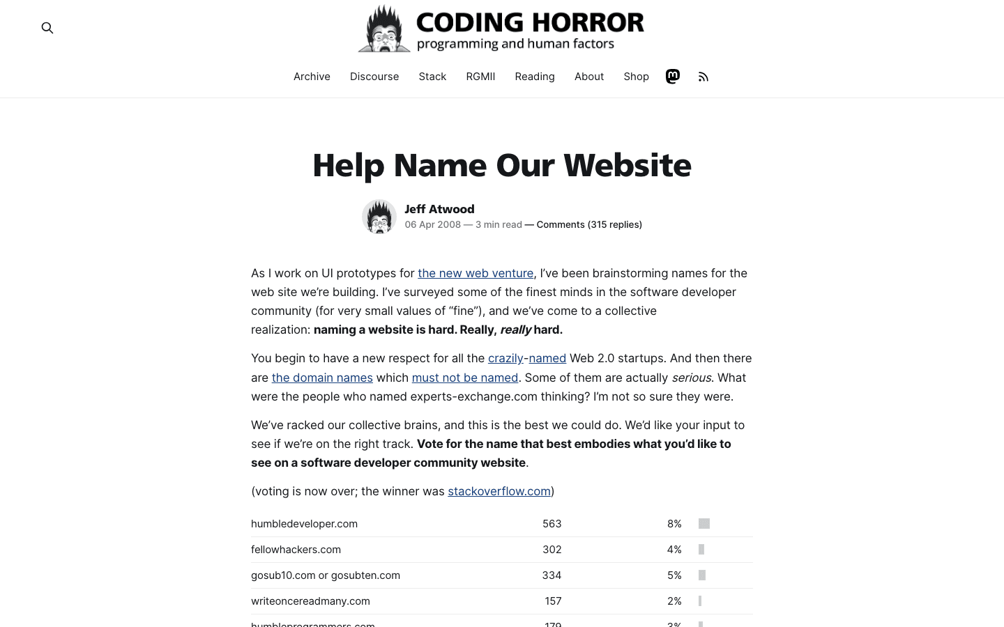 Coding Horror's "Help Name Our Website" post from April 2008, Jeff Atwood's ballot of candidate names that his readers voted on to name what became Stack Overflow