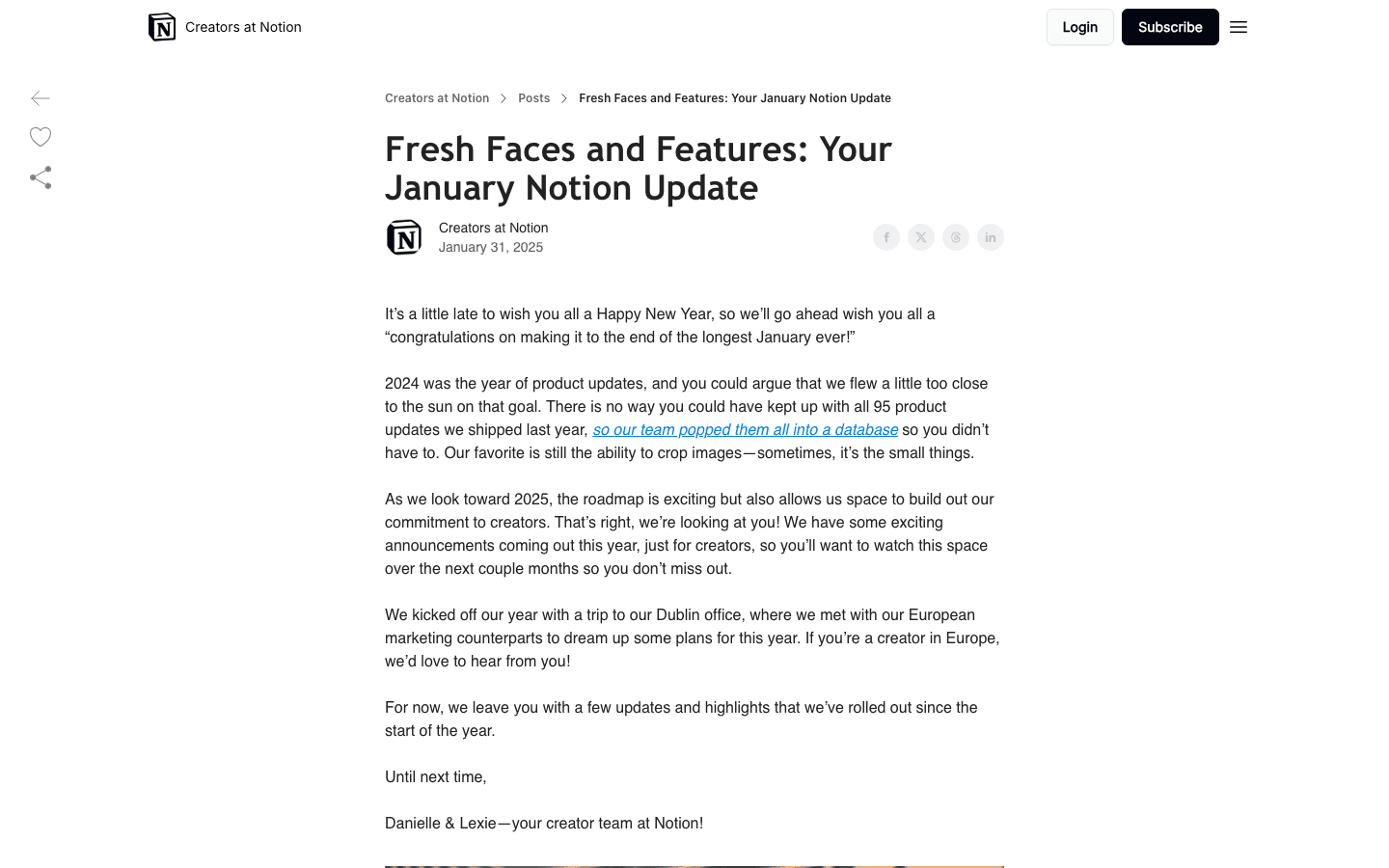 Notion's own Creators at Notion newsletter, published January 31, 2025, confirming the Notion Faces campaign ran paid partnerships alongside organic participation