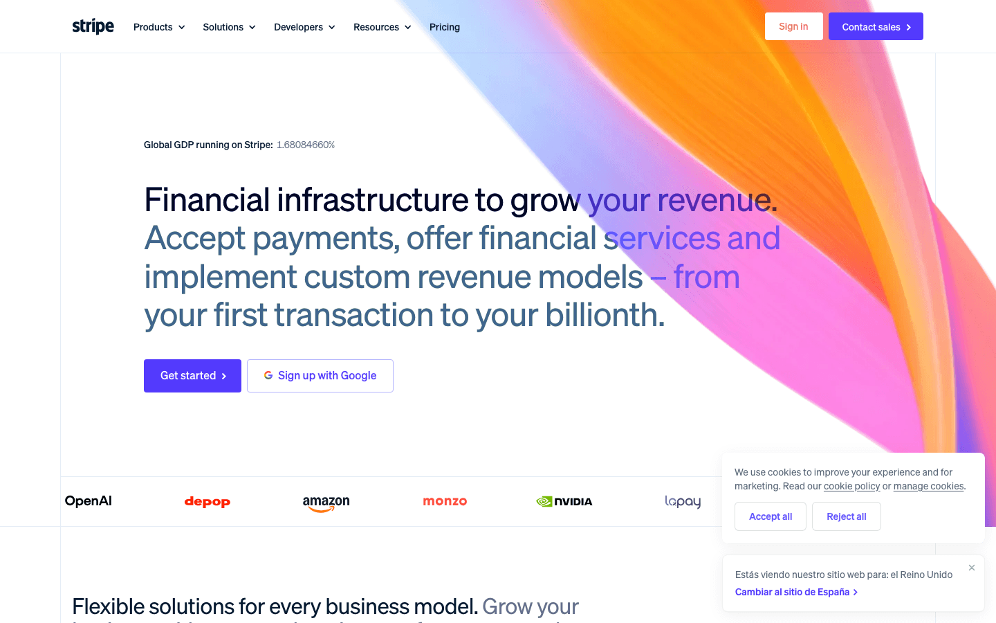 Stripe's homepage headline, "Financial infrastructure to grow your revenue," with the subhead and the Get Started button