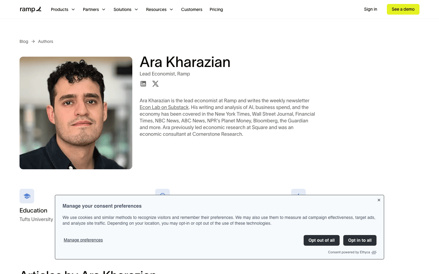 Ramp's author page for Ara Kharazian: a real photo, the title "Lead Economist, Ramp," and a bio citing his prior roles at Square and Cornerstone Research plus coverage in the New York Times, Wall Street Journal, and Bloomberg
