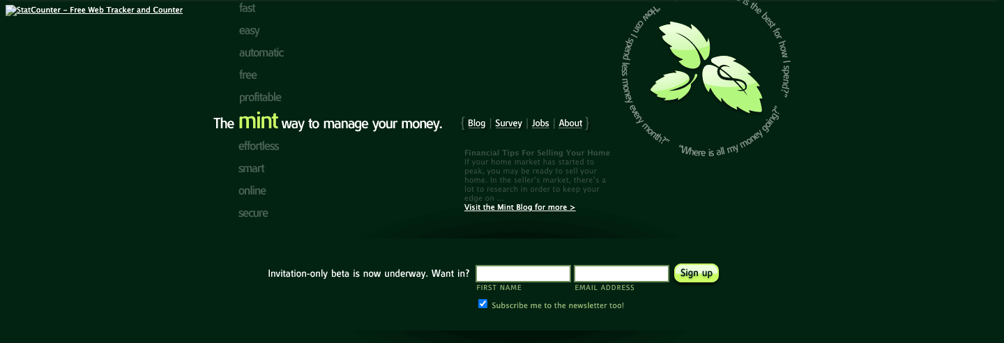 Mint.com's actual pre-launch page, archived August 10, 2007: "Invitation-only beta is now underway. Want in?" with a first name and email address signup form