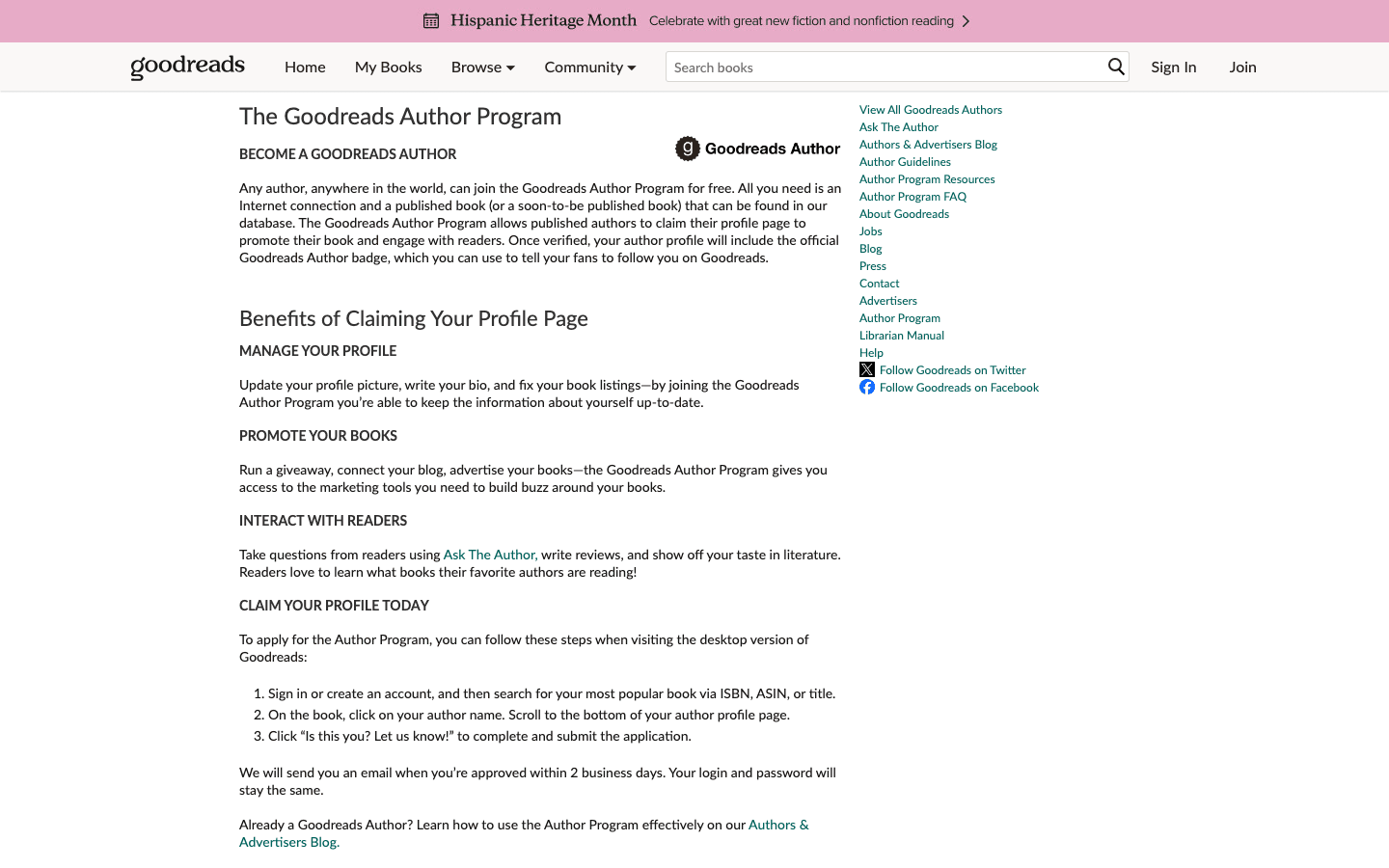 Goodreads Author Program page: free to join, published or soon-to-be-published book required, apply via "Is this you? Let us know!"