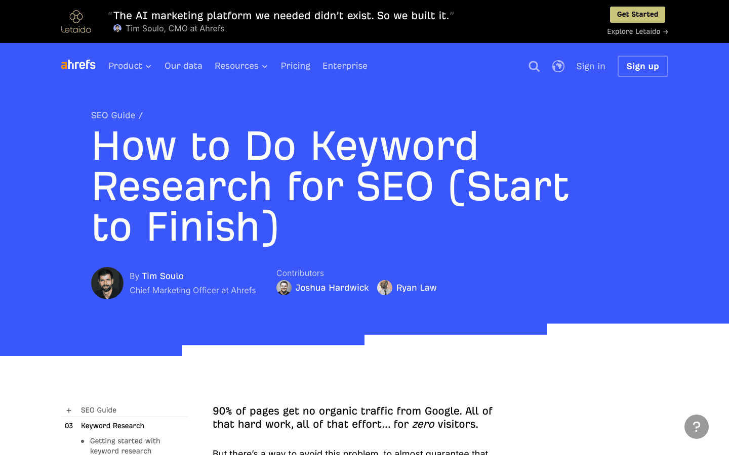 Ahrefs' ungated keyword research guide, bylined by CMO Tim Soulo, no email gate, no paywall