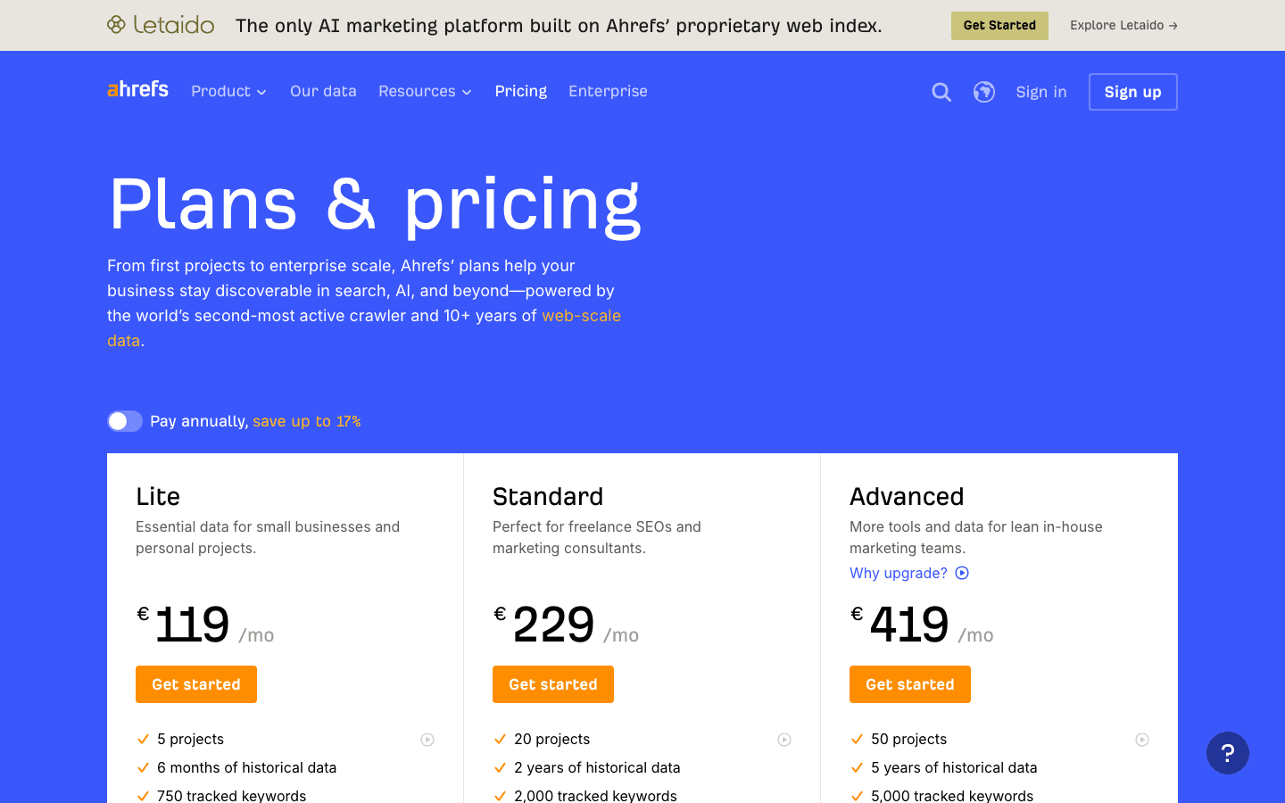 Ahrefs' pricing page listing Lite, Standard, and Advanced plans