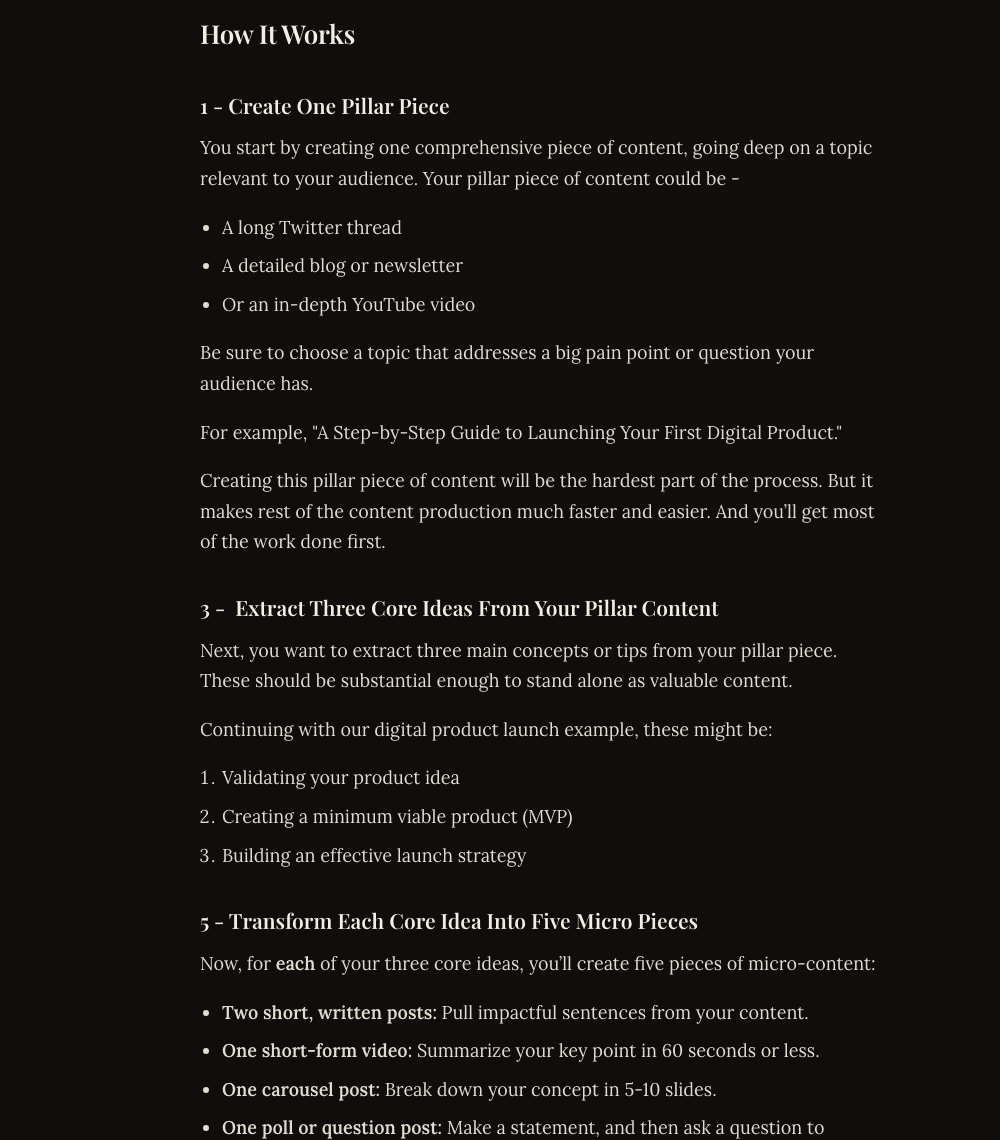Welsh's own breakdown: 1 pillar piece, 3 core ideas extracted from it, 5 micro-pieces per idea (two written posts, one short video, one carousel, one poll), totaling 16 pieces