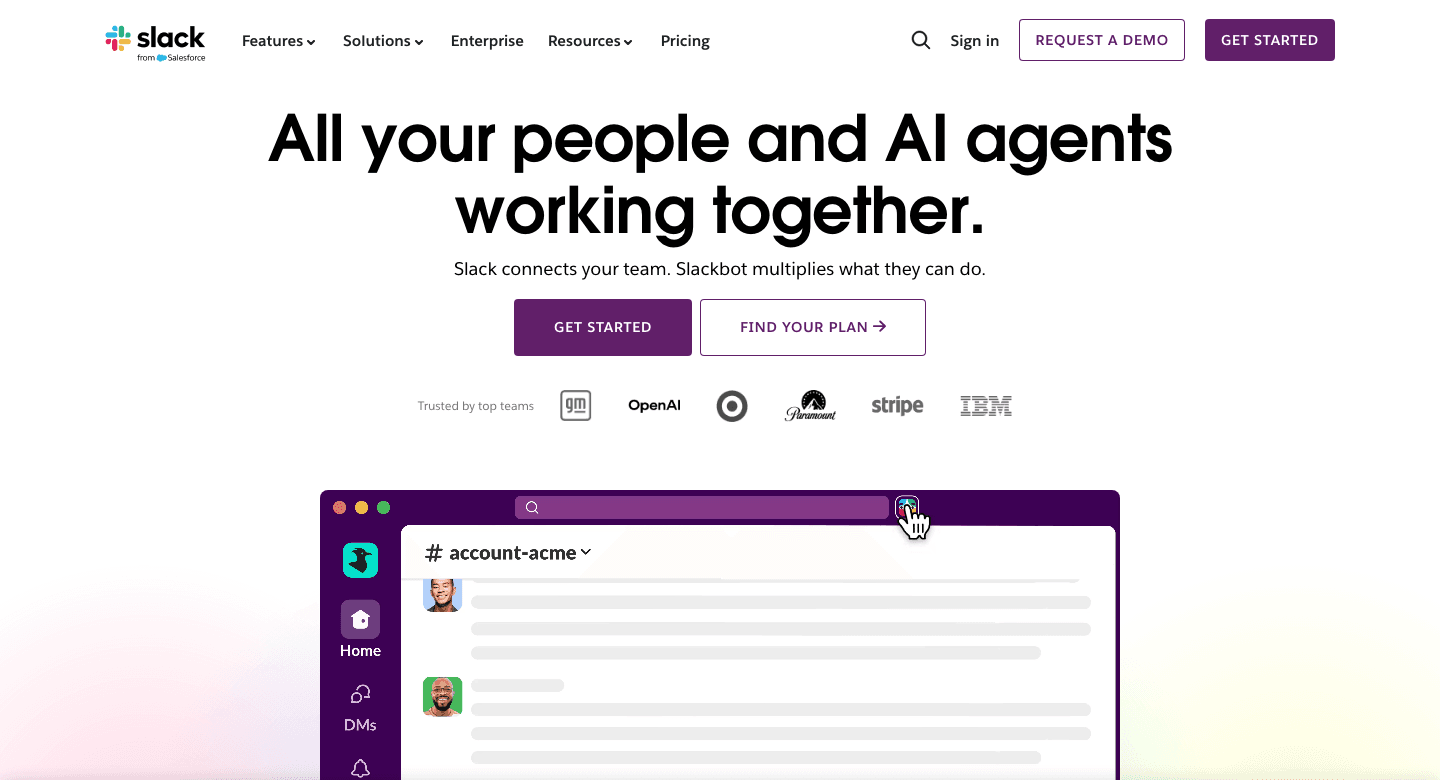 Slack's homepage headline reads "All your people and AI agents working together," with a subhead describing Slack connecting the team and Slackbot multiplying what they can do