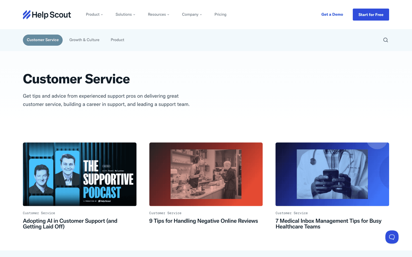 Help Scout's Customer Service blog category page, showing live post titles pulled straight from support conversations