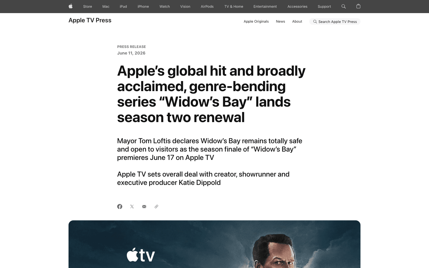 Apple TV Press release announcing Widow's Bay season two, dated June 11, six days ahead of the season one finale