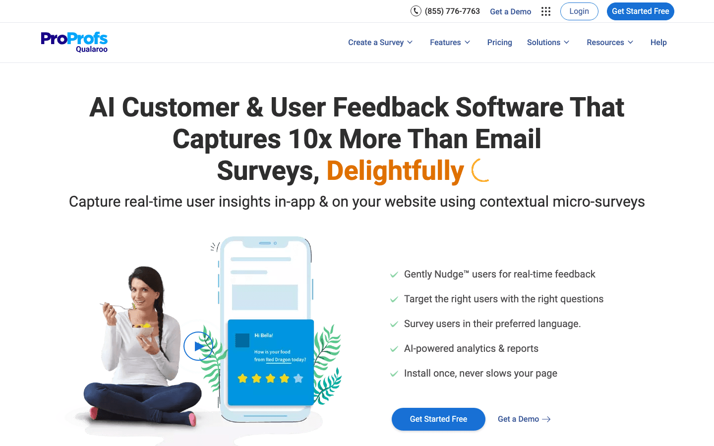 Qualaroo's homepage in July 2026, selling contextual micro-surveys and its Nudge widget