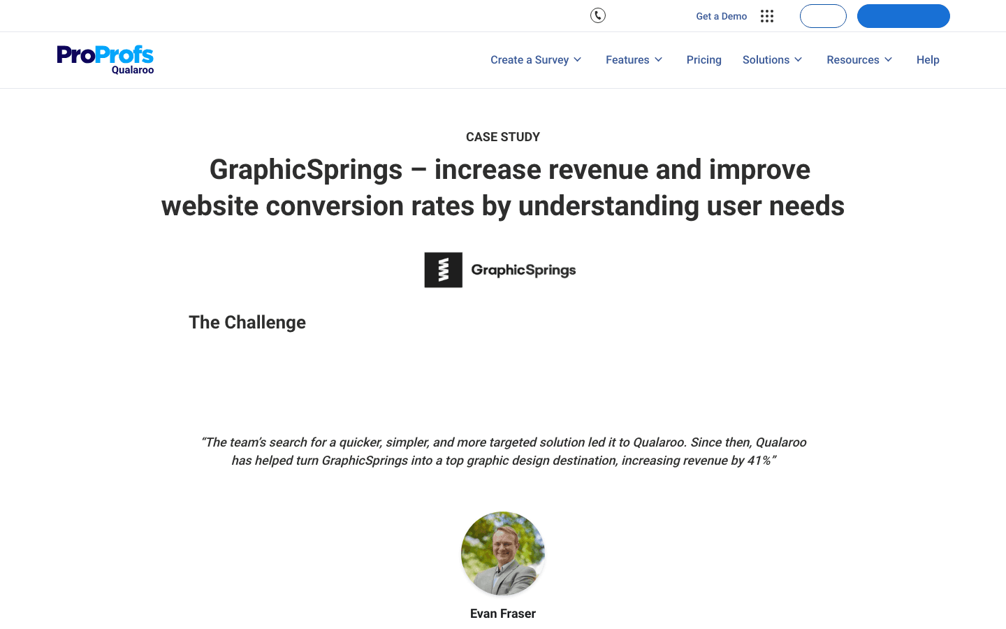 The GraphicSprings case study on Qualaroo's site, quoting a 41% revenue increase from founder Evan Fraser