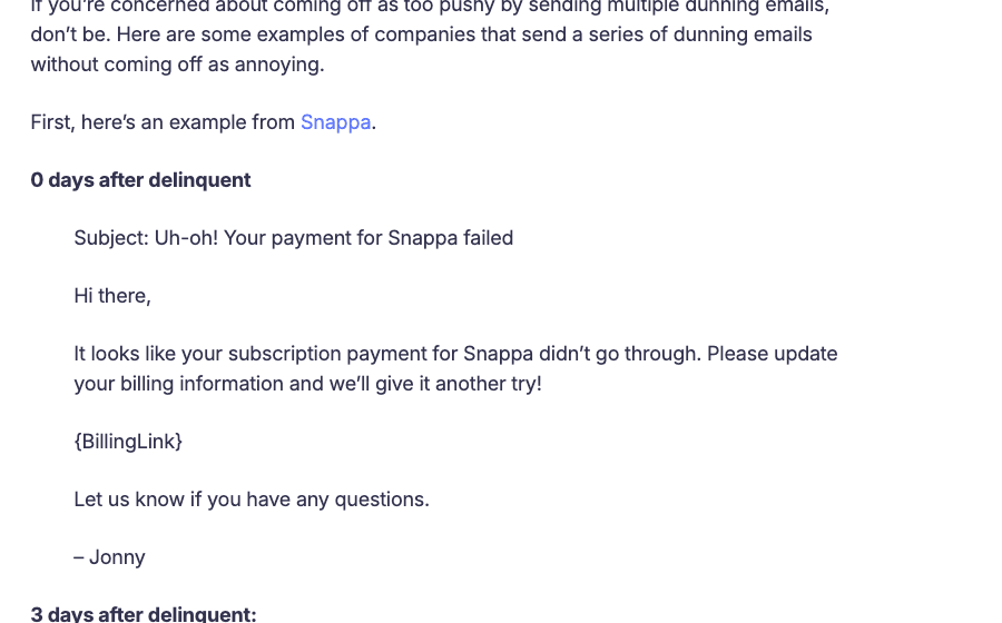 Snappa's real Day 0 dunning email, subject line "Uh-oh! Your payment for Snappa failed," as published in Baremetrics' dunning email guide