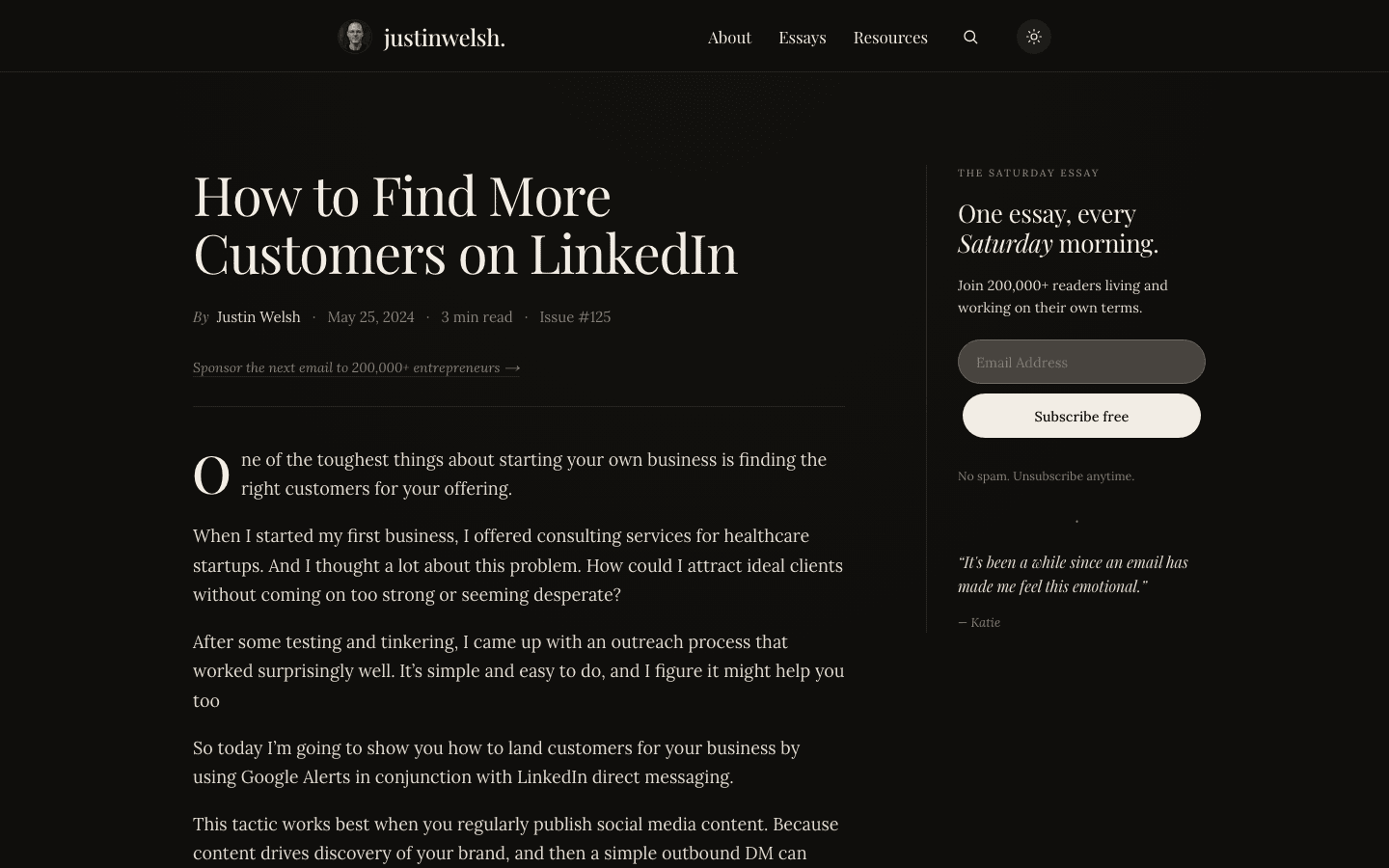 Justin Welsh's essay "How to Find More Customers on LinkedIn," Issue #125, May 25, 2024, on his site