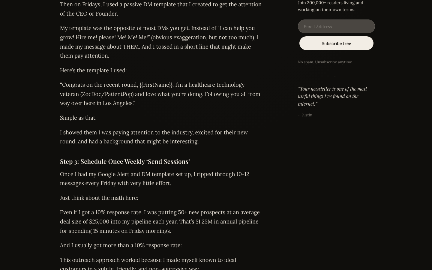 Justin Welsh's DM template and the Friday math: 10 to 12 messages, a 10% reply rate, $25,000 deals, $1.25M of pipeline