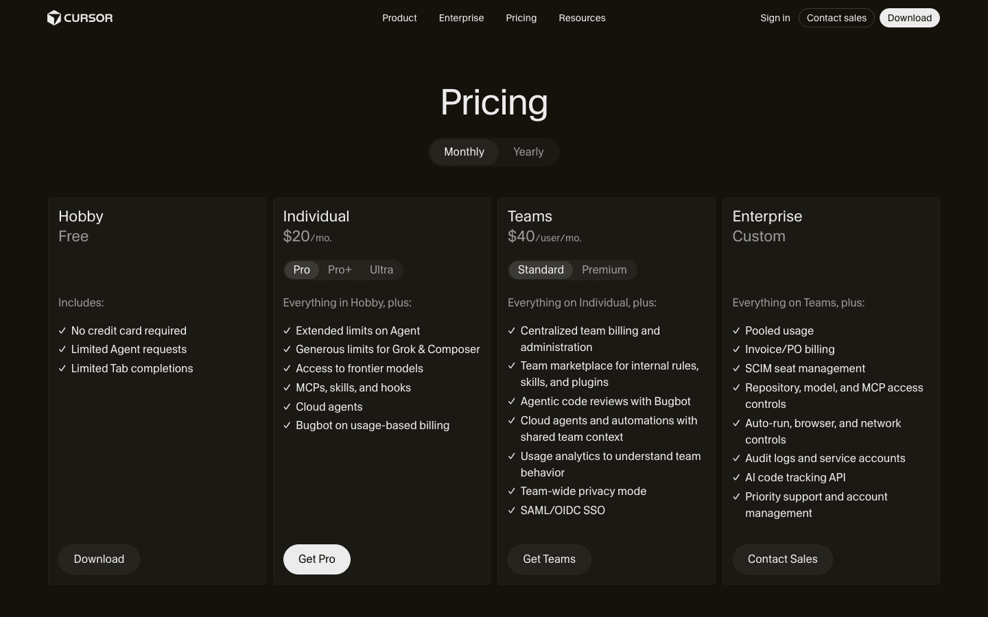 Cursor's pricing page lists usage-based billing as a named feature on the Individual plan, not a footnote
