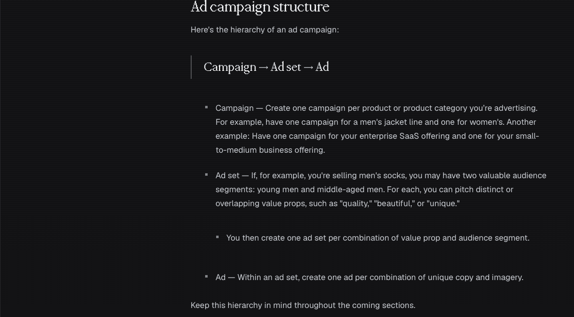 Demand Curve's Growth Guide: the ad hierarchy is Campaign, then Ad set, then Ad, with one ad set per combination of value prop and audience segment