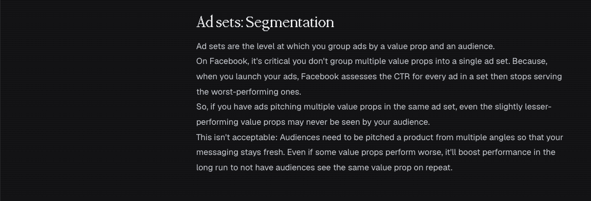 Demand Curve's Growth Guide warns it is critical you do not group multiple value props into a single ad set, because Facebook stops serving the worst-performing ad in a set within hours of launch