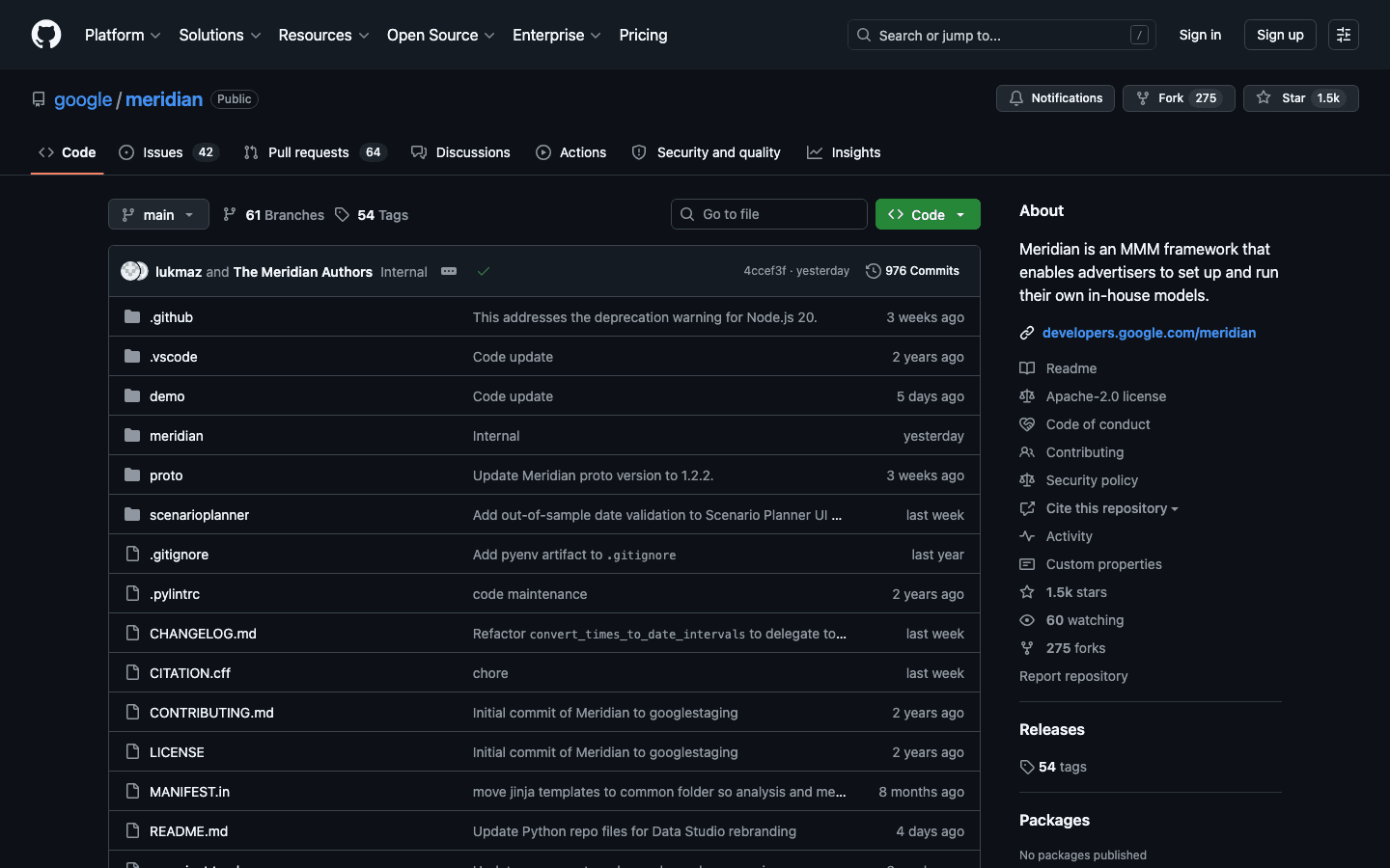 Google's Meridian repository on GitHub: Apache-2.0 licensed, 1.5k stars, commits from this week
