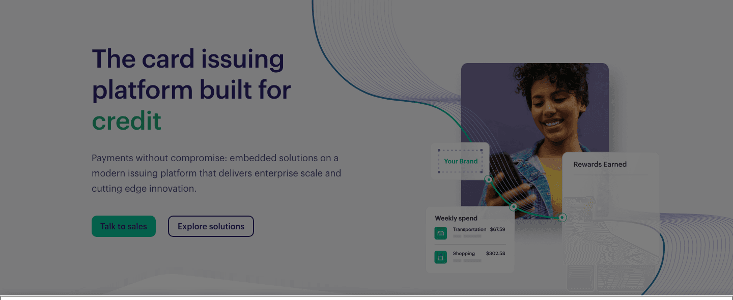 Marqeta's homepage hero shows a phone mockup labeled "Your Brand" in place of its own logo, next to weekly spend and rewards panels