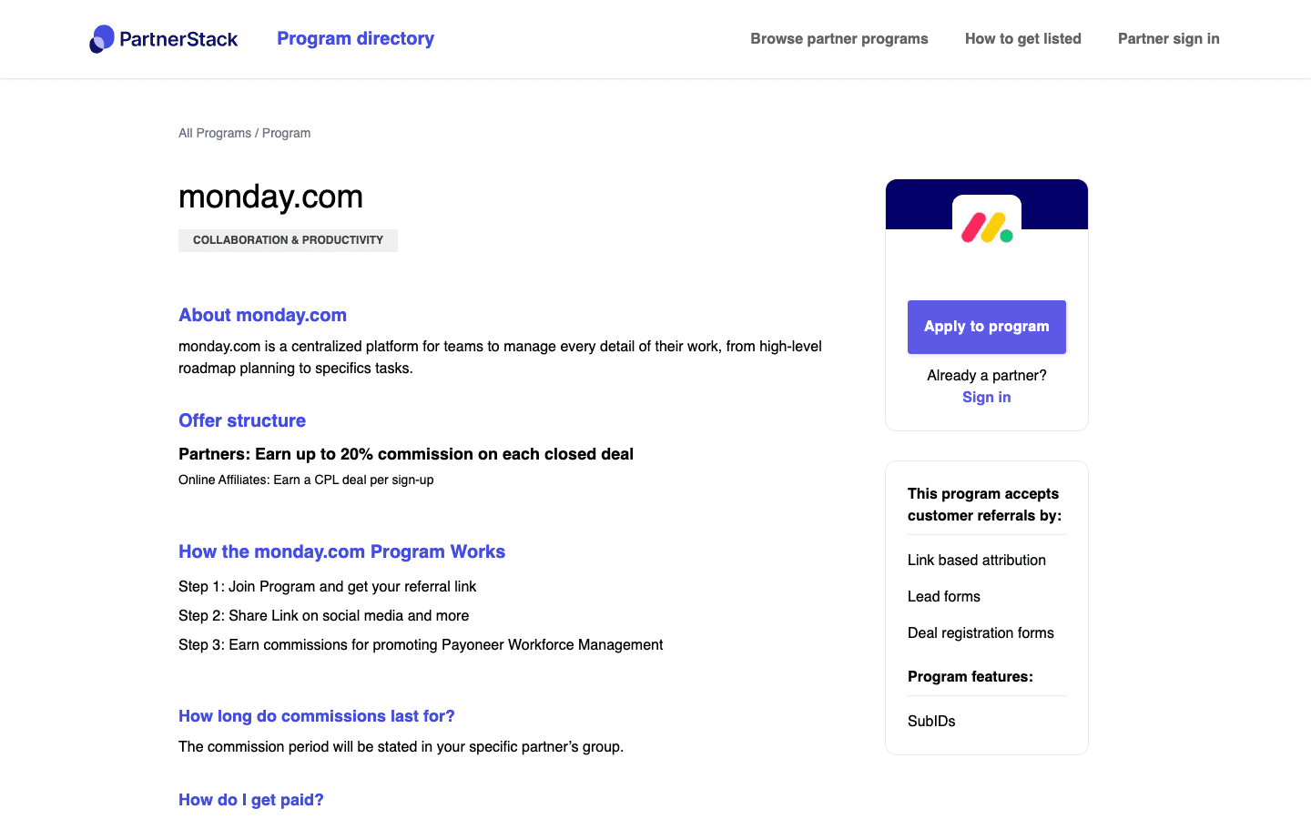 monday.com's PartnerStack listing states its offer structure plainly: partners earn up to 20% commission on each closed deal, online affiliates earn a CPL per sign-up, with an Apply to program button front and center