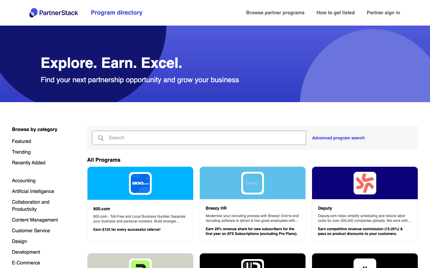 PartnerStack's program directory shows a grid of B2B SaaS partner programs, each card stating its commission up front, 800.com's $125 flat referral fee and Breezy HR's 20% revenue share sitting side by side