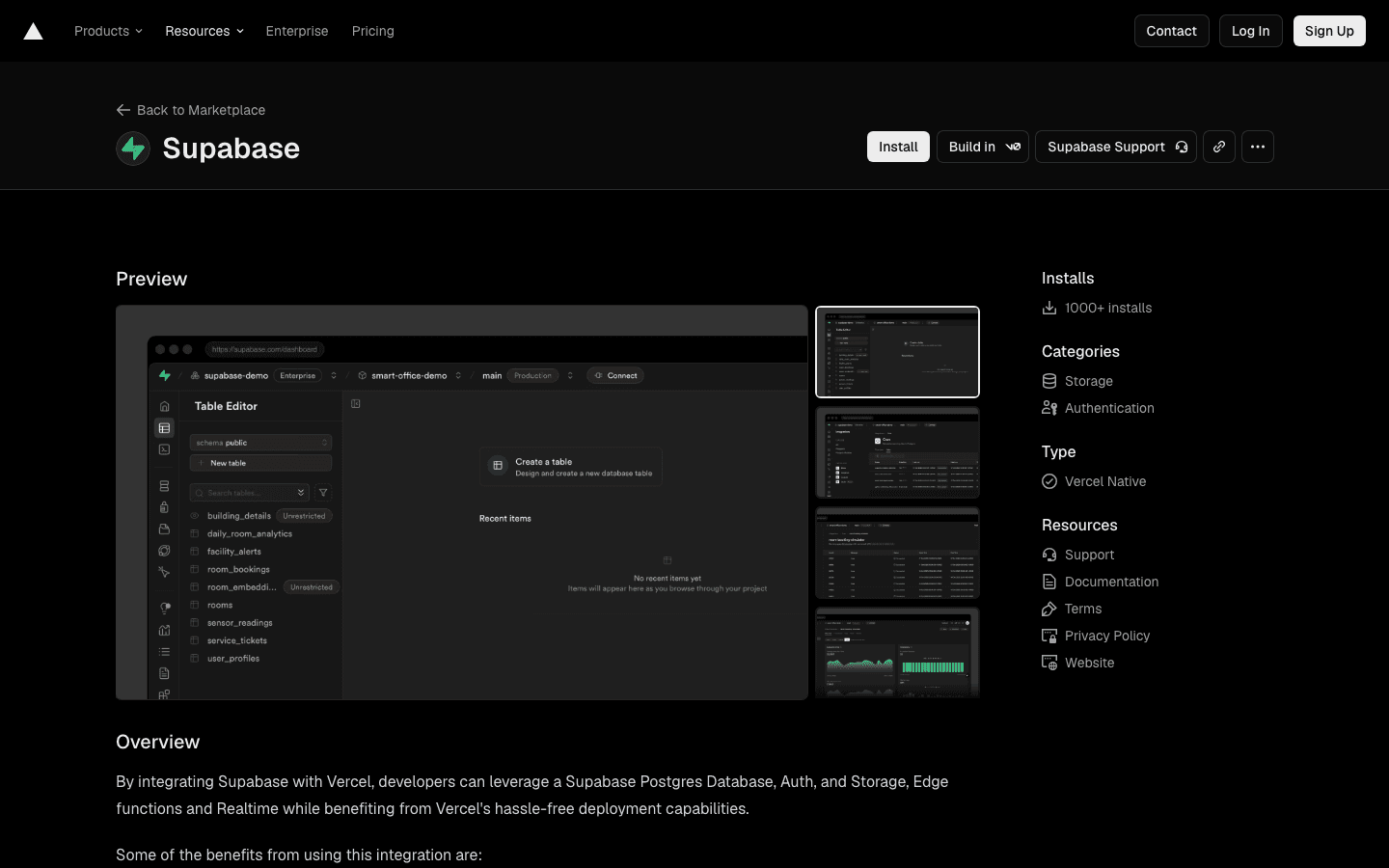 Vercel's marketplace listing for Supabase, labeled Vercel Native with over 1000 installs