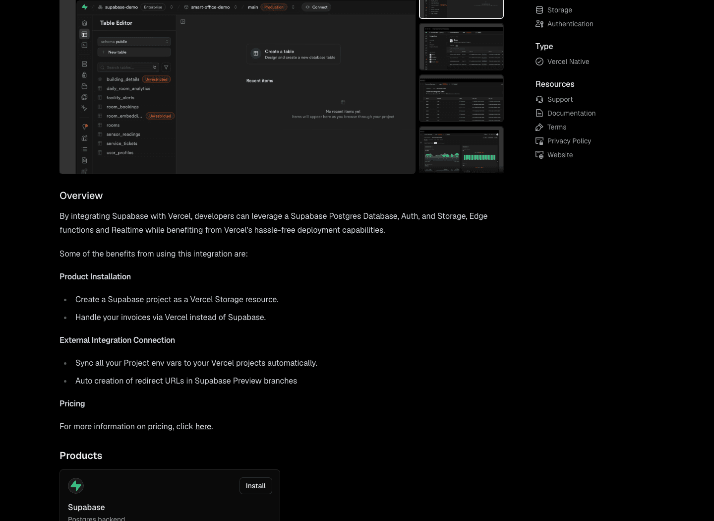 The listing's benefits section: Handle your invoices via Vercel instead of Supabase, and sync your project env vars automatically