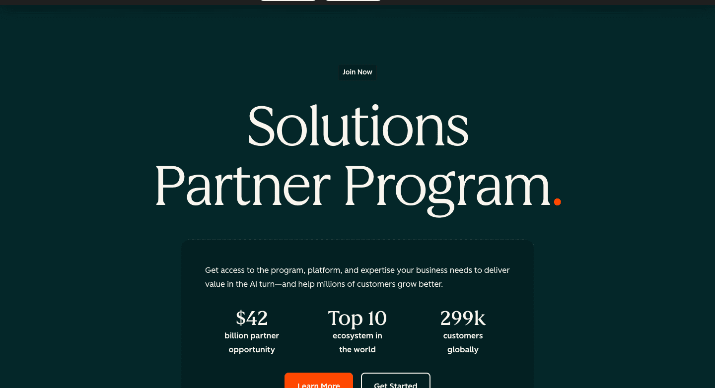 HubSpot's Solutions Partner Program page leads with "$42 billion partner opportunity," "Top 10 ecosystem in the world," and "299k customers globally"