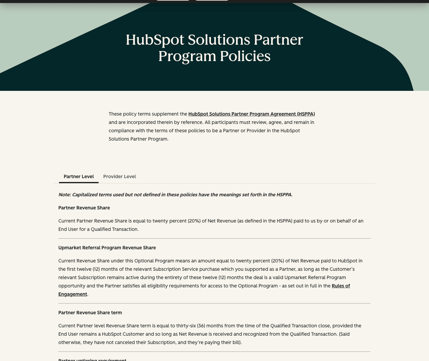 HubSpot's Solutions Partner Program Policies page: "Partner Revenue Share... twenty percent (20%) of Net Revenue" and "Partner Revenue Share term... equal to thirty-six (36) months"