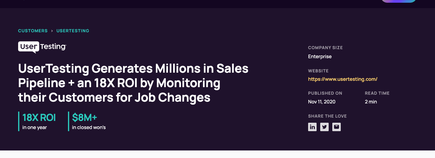 UserGems' customer story for UserTesting: 18X ROI in one year and $8M-plus in closed-won revenue from tracking customer job changes