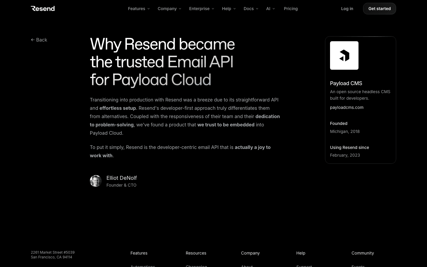 Resend customer page "Why Resend became the trusted Email API for Payload Cloud," with Elliot DeNolf's quote and a Payload sidebar