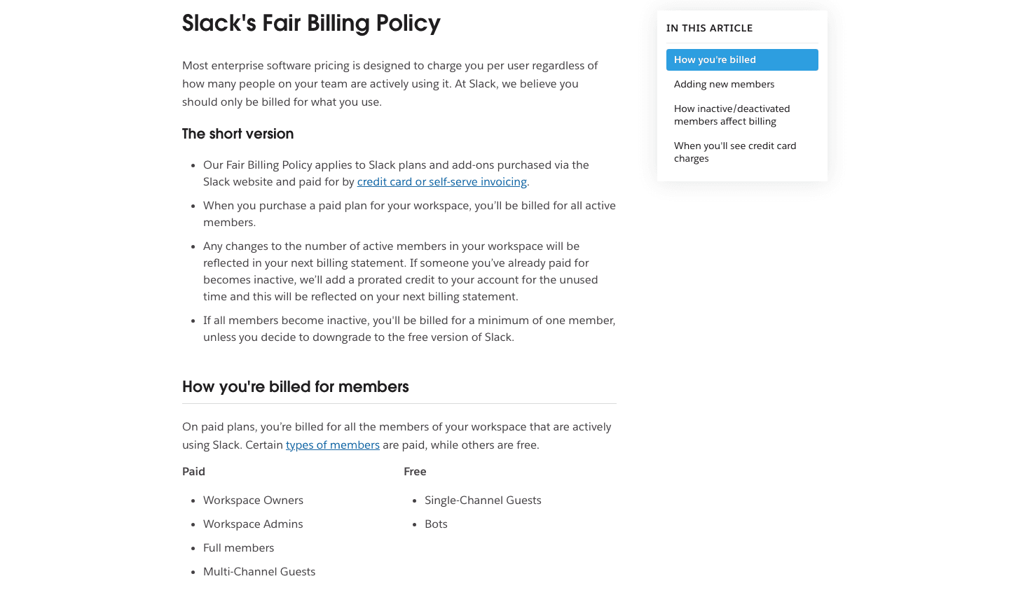 Slack's Fair Billing Policy page, stating members are billed only while active and inactive seats earn an automatic prorated credit