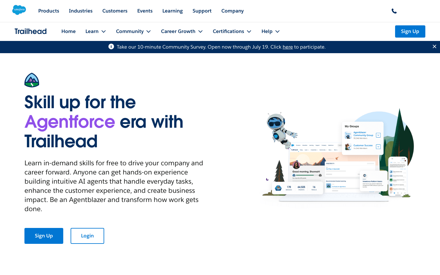 Trailhead's homepage shows a live counter of 170 badges, 64,525 points, and 16 trails built into the product illustration itself, not tucked into a settings page