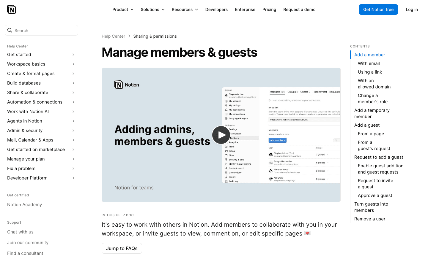 Notion's help center page on managing members and guests, showing the product screenshot with an invite link, member list, and role controls