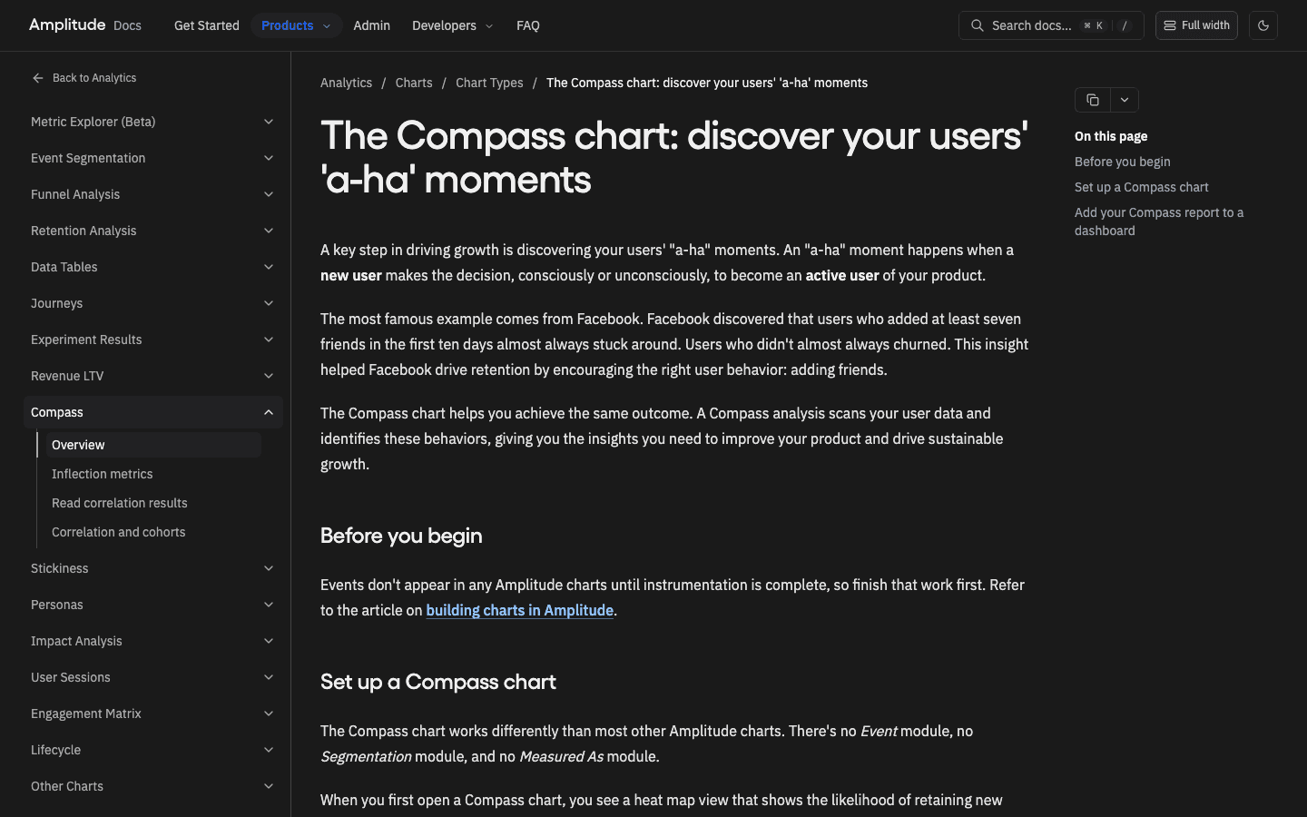Amplitude's documentation on the Compass chart, which scans user event data to find which day-one actions correlate with retention, citing Facebook's seven-friends-in-ten-days finding as the classic example