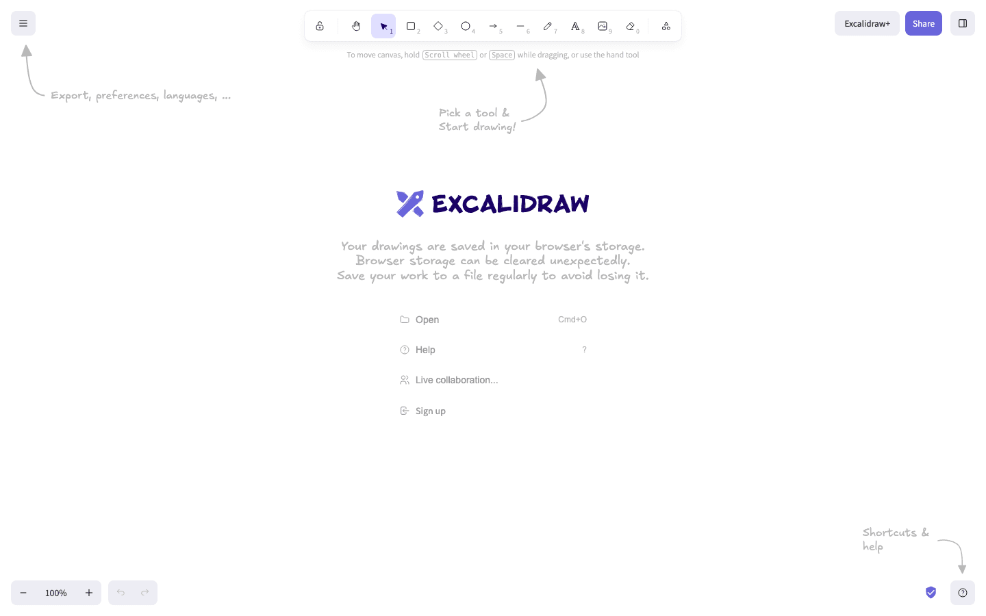 Excalidraw's canvas loads instantly with no login wall, a blank drawing surface ready to use, and a welcome menu listing Open, Help, Live collaboration, and Sign up as separate, optional items