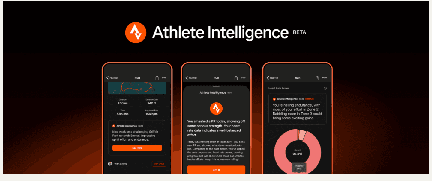 Three Strava Athlete Intelligence cards: a run summary with a natural-language read, a PR callout comparing this run to the athlete's own history, and a heart rate zone breakdown with a coaching note