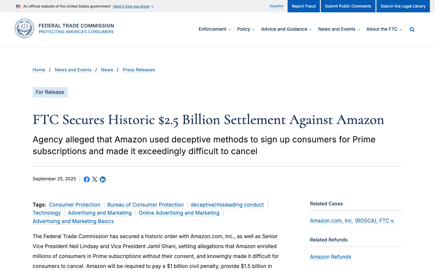 The FTC's September 25, 2025 press release announcing a historic $2.5 billion settlement against Amazon over deceptive Prime enrollment and cancellation practices