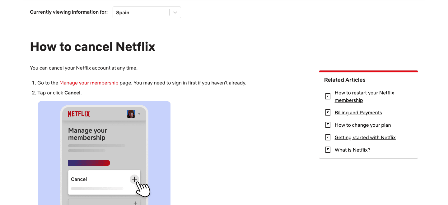 Netflix's public help center page titled "How to cancel Netflix," stating the account can be canceled at any time in two steps