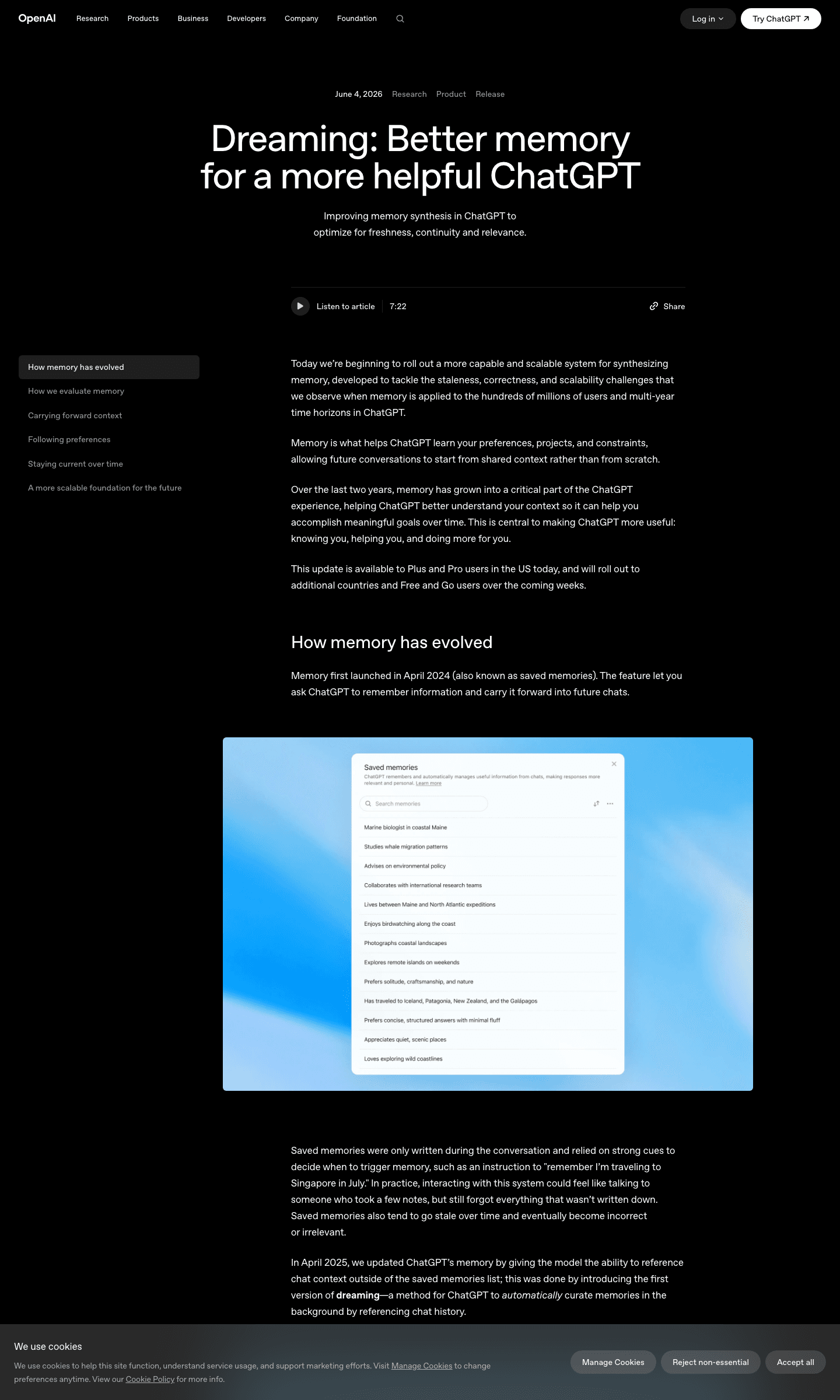 OpenAI's own before-and-after example: the old "Saved memories" panel, a flat list of facts like "Marine biologist in coastal Maine" that the system wrote once and left alone