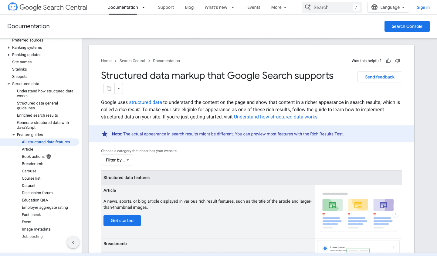 Google's Search Central page "Structured data markup that Google Search supports," listing feature guides in a sidebar: Article, Book actions, Breadcrumb, Carousel, Course list, and more, with FAQ and HowTo entirely absent from the list