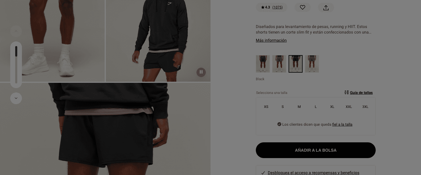 Gymshark's product page for the Arrival 5" Shorts, showing a star rating badge reading 4.3 with (1075) next to it, above the product description and size selector