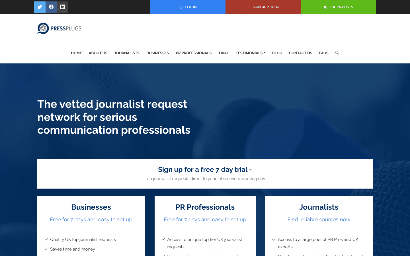 PressPlugs' homepage describing itself as "the vetted journalist request network for serious communication professionals," with a free 7-day trial for businesses and PR professionals