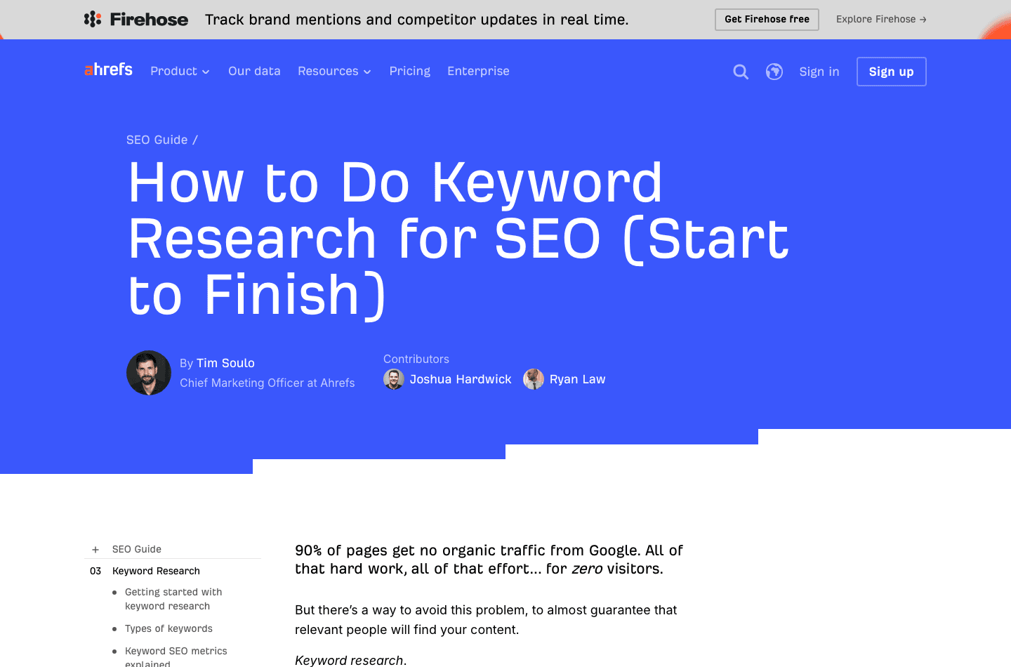 The Keyword Research chapter page, breadcrumbed "SEO Guide /" and listed as chapter 03 in the sidebar