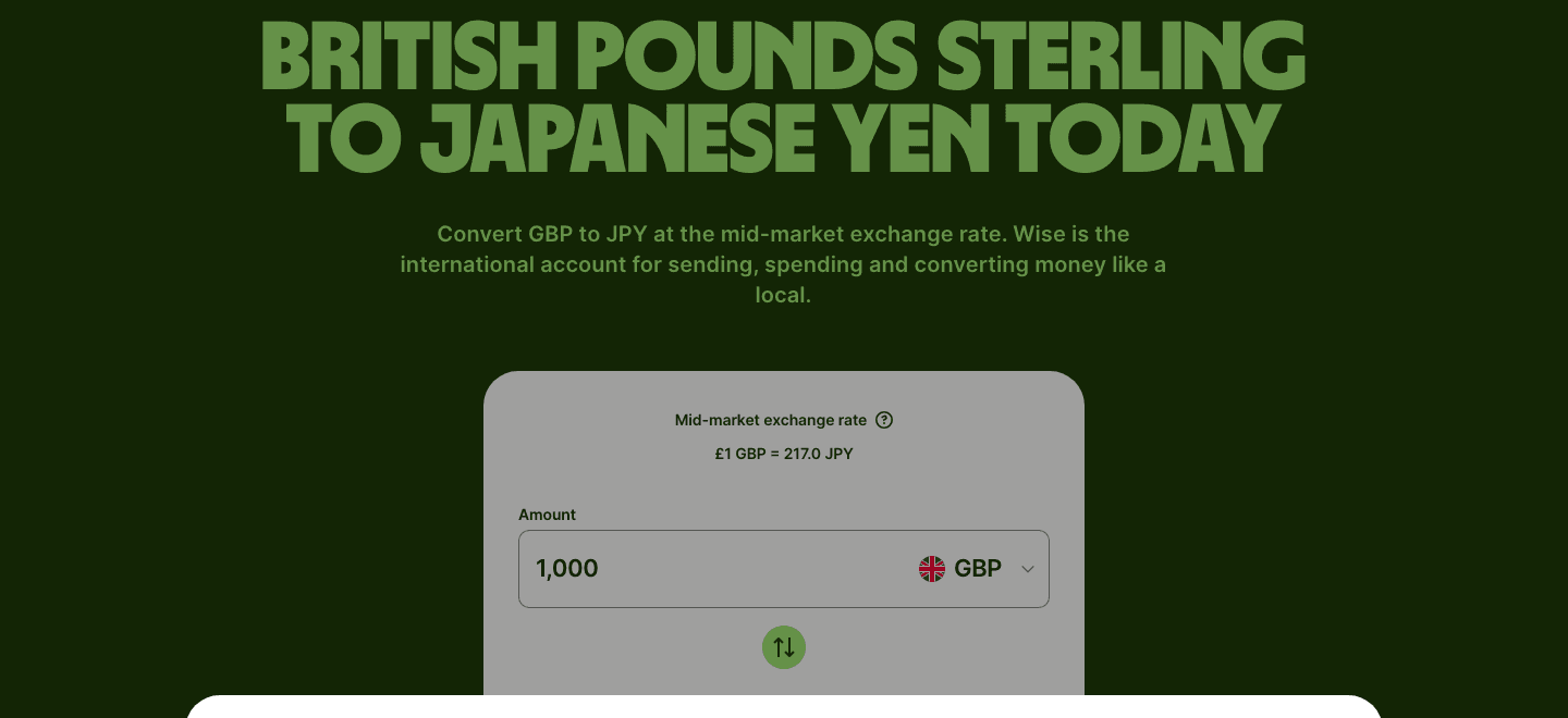 Wise's GBP to JPY page: same layout, headline "British Pounds Sterling To Japanese Yen Today", rate £1 GBP = 217.0 JPY
