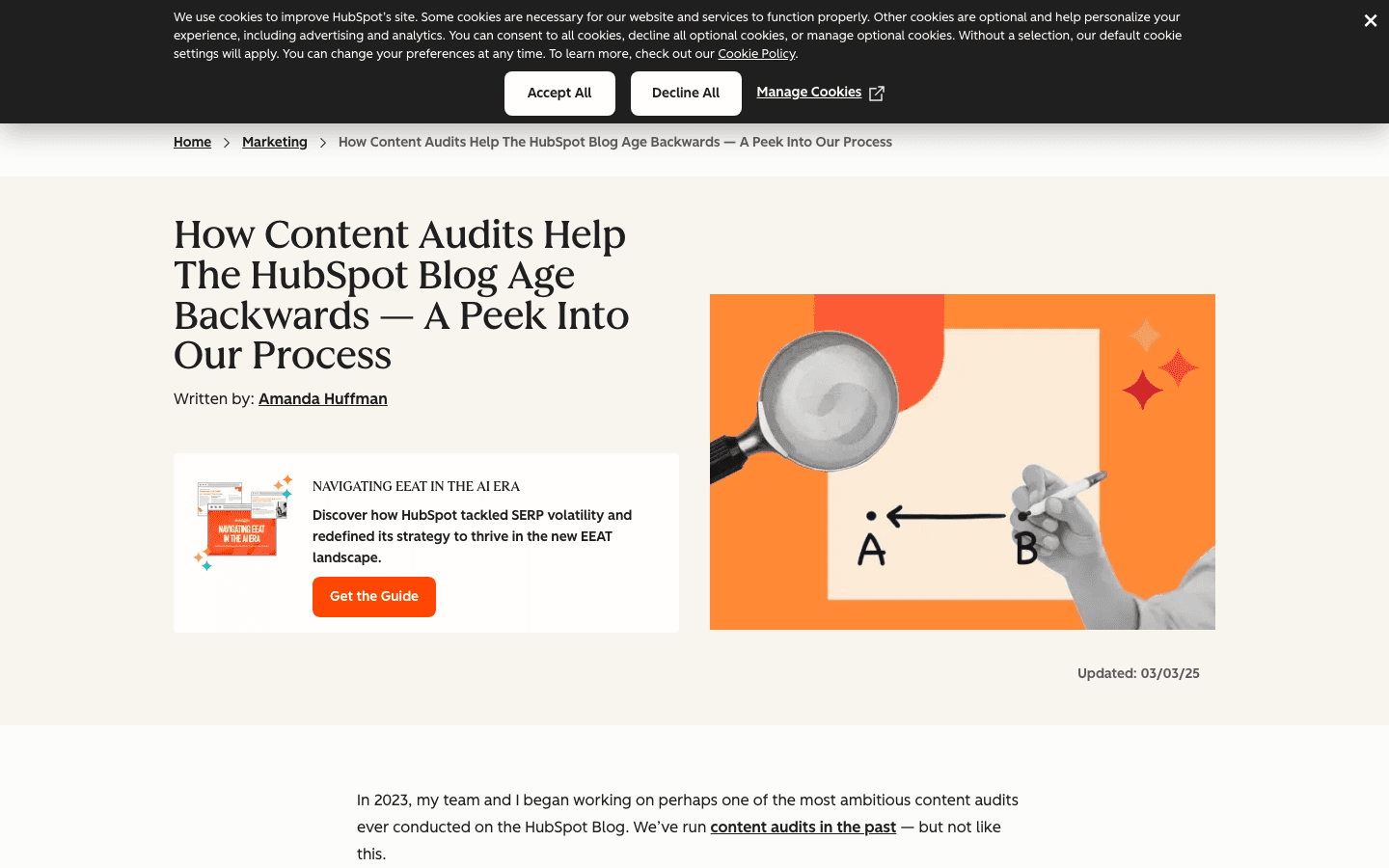 The old HubSpot resignation-letter URL now 301-redirects into HubSpot's own writeup of its blog content audit, "How Content Audits Help the HubSpot Blog Age Backwards."