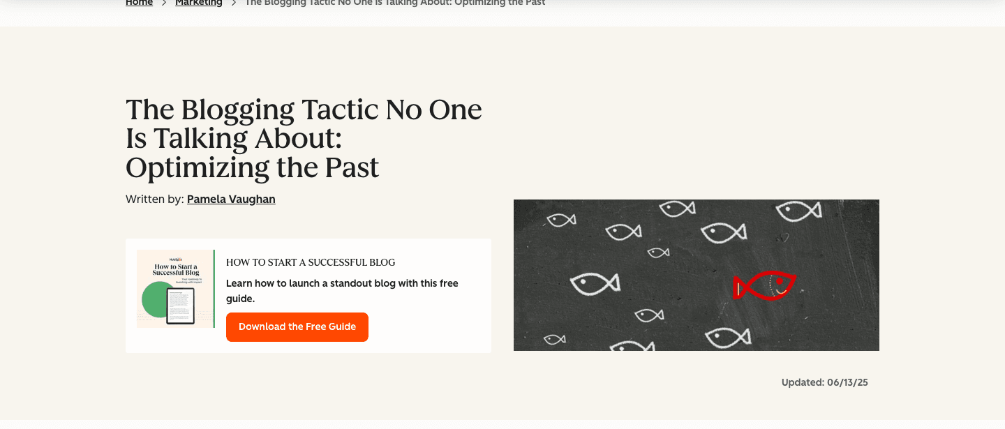 HubSpot's post on historical blog optimization, still carrying a live "Updated" date rather than a frozen publish stamp