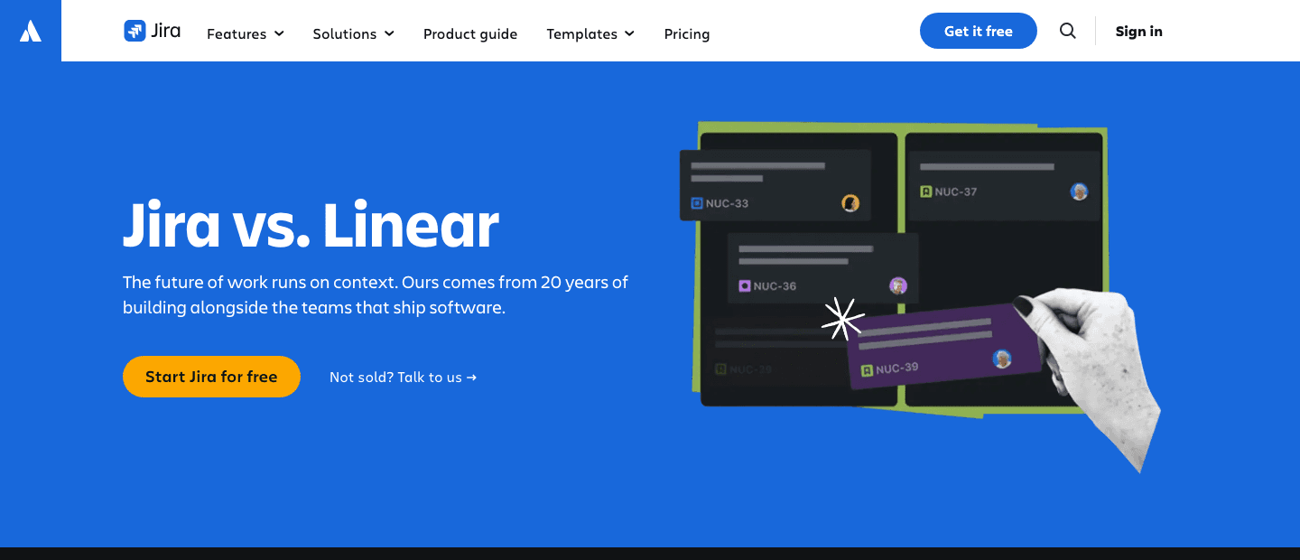 Atlassian's Jira vs. Linear landing page, headlined "Jira vs. Linear" with a "Start Jira for free" call to action