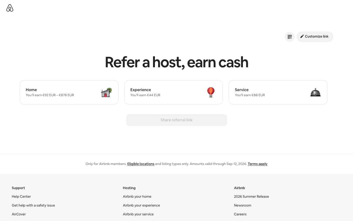 Airbnb's host-referral page, headlined "Refer a host, earn cash," with per-category earn amounts in euros