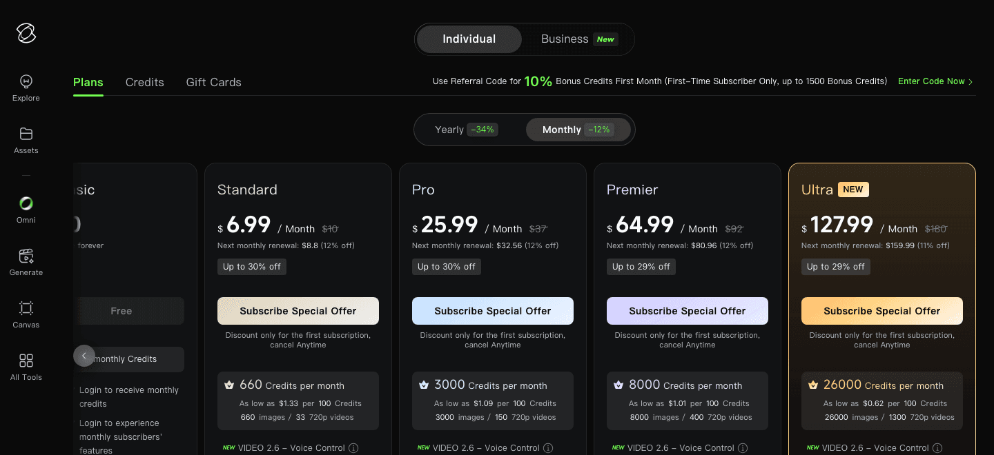 Kling AI's pricing page repeats the referral offer in the banner, and lists the retail credit rate for each plan, as low as $1.33 per 100 credits on the Standard tier